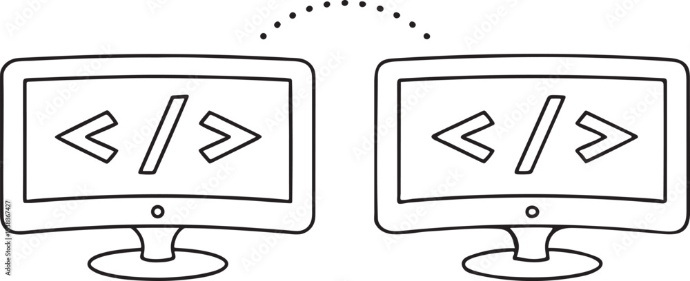Fototapete Computer Monitor with Code Brackets Flat Vector for Programming and Web Design