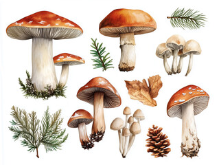 Artistic watercolor drawings of mushrooms and forest elements including pine cones and branches. The set highlights mycology, woodland themes, and the delicate beauty of natural flora