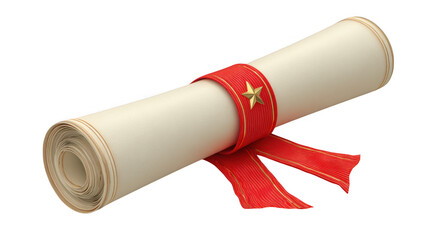 Rolled diploma with red ribbon and gold star isolated on transparent background
