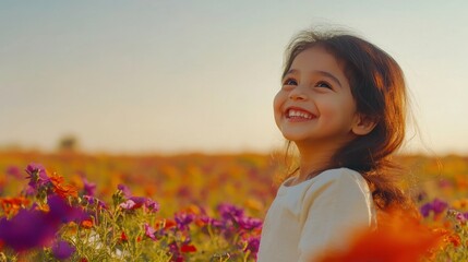 Naklejka premium Happy Child in Flower Field at Sunset