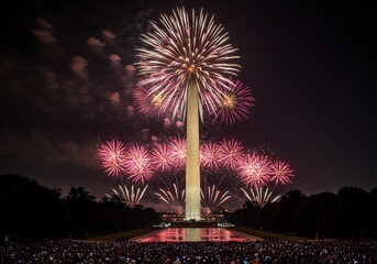 Washington Monument with fireworks at night celebration