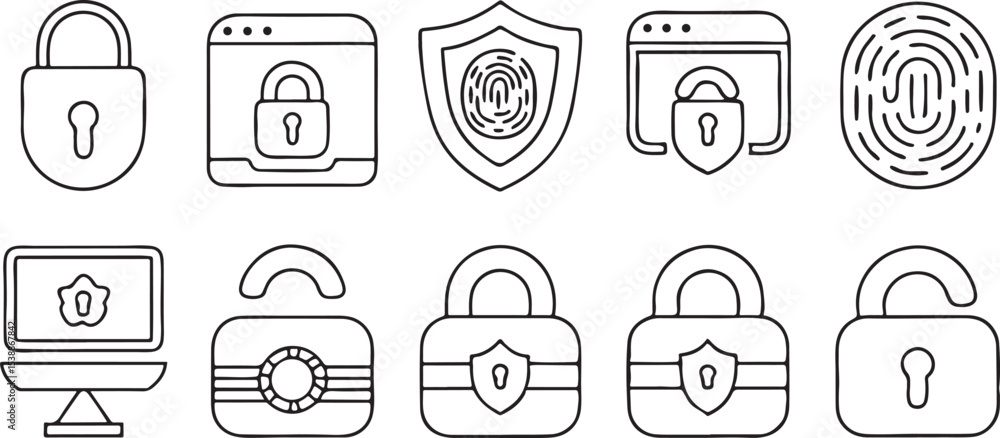 Poster security privacy line icons editable black vector with lock shield and access