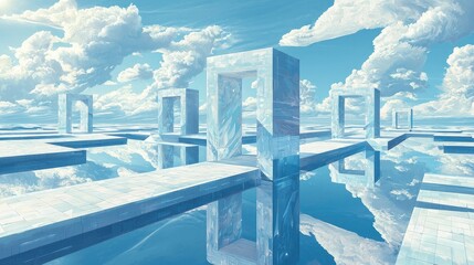 Abstract scene of structures reflecting in a tranquil water body.