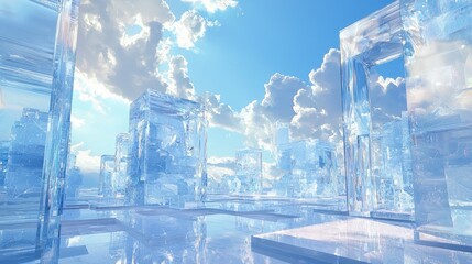 A crystalline city landscape under a bright sky.
