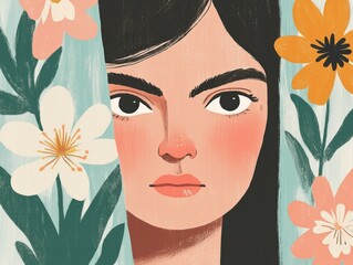 Graphic artwork showing a female face partly hidden by a curtain. The composition emphasizes texture, color, and the delicate balance between revealing and hiding.