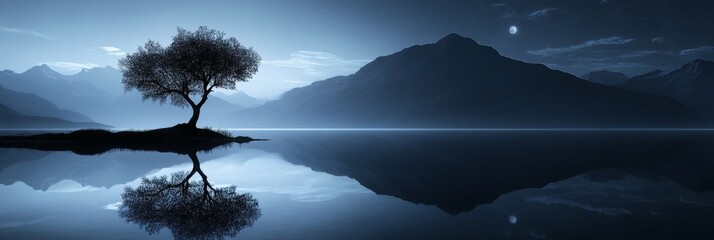 Tree on a small island reflected in calm water with mountains in background.