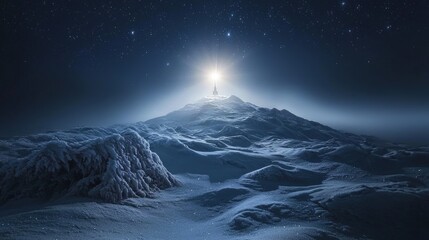 A luminous peak atop a snowy, starlit mountain range.