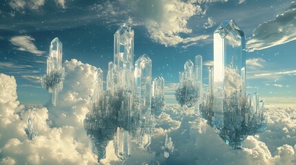 Floating crystal structures amidst celestial clouds.