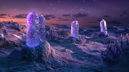 Frozen crystalline structures in a winter landscape at twilight.