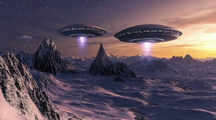 Two unidentified flying objects over snowy mountains at sunrise.