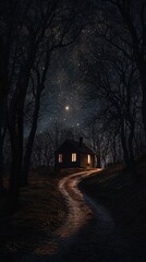 House with glowing windows at the end of a path surrounded by trees.