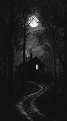 House silhouette under moonlight with winding path in dark forest setting.