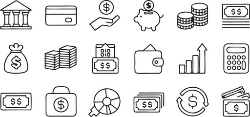 Finance Banking Line Icons Editable Black Vector with Money Wallet and Budget