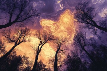 Trees reach towards a swirling colorful sky with a bright light source.