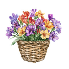 A Freesia Flower Basket, watercolor clipart vector, isolated on a white background.