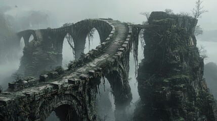 Misty, ancient, stone bridge spanning a chasm.