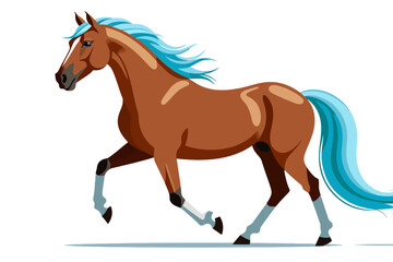 Obraz premium Cartoon Horse Vector Illustration-Beautiful Brown Horse with Blue Mane and Tail Running-Animal Art Print for Kids Room Decor-Fantasy Horse Image