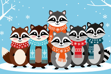 Obraz premium Cartoon Raccoons Wearing Scarves in Winter Scene-Cute Animal Illustration for Kids-Holiday Season Graphic with Snowflakes-Festive Cartoon Design-Animal Cartoon Art