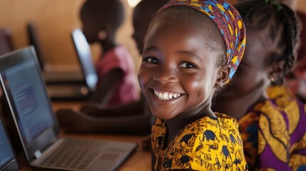 Happy African Girl Learning on Laptop Education in Africa