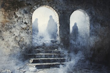 Figures in robes stand in arched doorways with fog and stone steps.