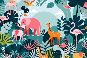 Colorful Jungle Animals-Illustration of Elephants-Giraffes-Flamingos-Tropical Leaves-Whimsical Animal Art-Unique Animal Graphic-Children's Room Decor