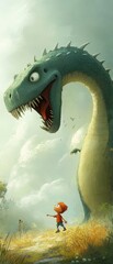 A large green cartoon dragon stands near a small person in a field.