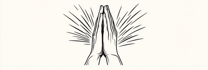 Praying hands illustration with radiating lines on a light background.