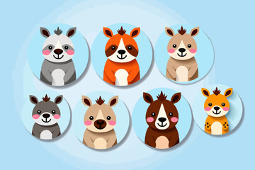 Fototapeta premium Cute Animal Cartoon Characters-Smiling Mammals in Circles-Adorable Vector Illustrations-Animal Clip Art-Baby Shower Decoration-Childrens Book Illustration