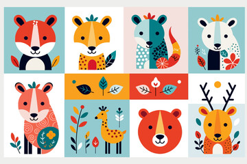 Obraz premium Cute Animal Illustration - Whimsical Designs with Foxes Bears Deer and a Giraffe - Perfect for Children's Decor and Creative Projects
