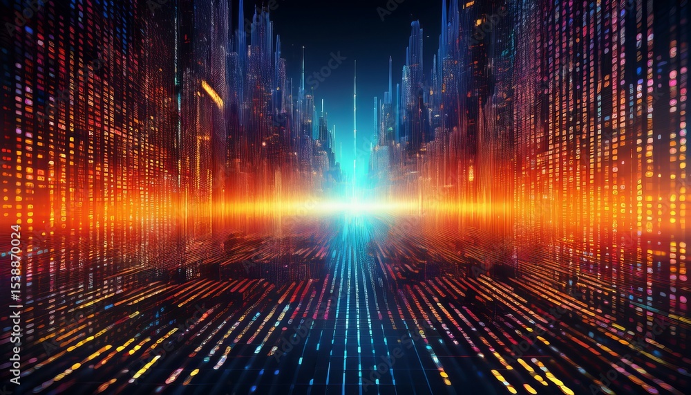 Poster futuristic digital cityscape with data flow - conceptual image of technology, connectivity, and digi