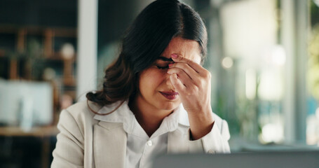 Frustrated woman, headache or stress with laptop for mistake, fatigue or burnout at office. Tired,...