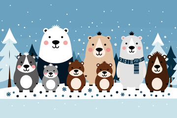 Cute Cartoon Bear Family in Winter Wonderland-Adorable Bear Cubs in Snowy Scene-Illustrations for Kids-Winter Holiday Graphic-Fun Bear Design