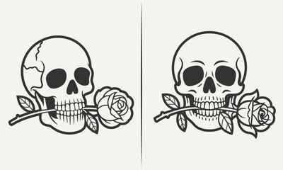 Obraz premium Skull with Rose in Mouth, Vintage Tattoo Art Design, Black and White Minimalist Illustration