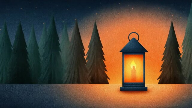 Detail Engraved Vintage Warm Lantern Glow in a Dark Forest Surrounded by Tall Trees