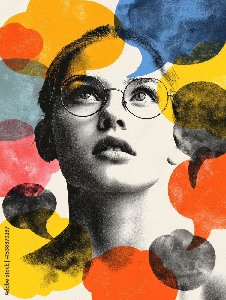 Poster Woman With Wide Open Eyes Lost in Thoughts Surrounded by Colorful Overlapping Thought Bubbles on a Creative Background