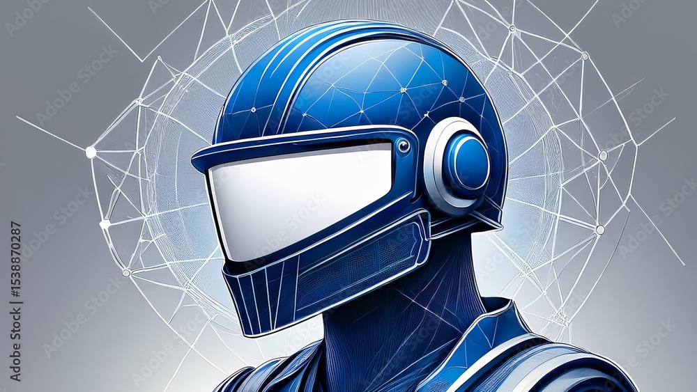 Poster futuristic robot helmet with network and connection visualization - ai, cyberpunk, digital art, tech