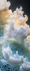 Abstract image of white fluffy clouds with blue and yellow hues.