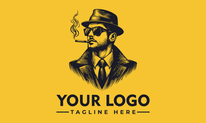 Illustration of a man in a hat and sunglasses smoking a cigar against a yellow background.