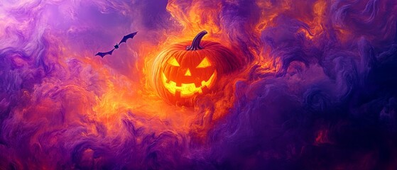 Halloween pumpkin with a spooky face surrounded by purple and orange smoke.