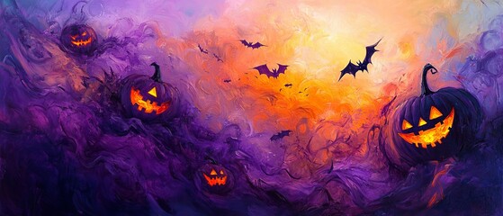 Pumpkins and bats in a colorful sky evoke a Halloween night atmosphere.