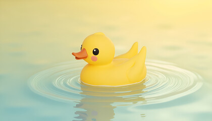 A bright yellow rubber duck floats serenely on rippling, calm water in a dreamy, soft-lit scene.