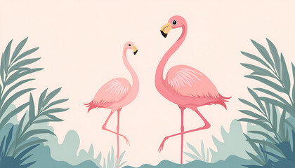 Two pink flamingos stand gracefully among lush tropical foliage with a soft, serene ambiance.
