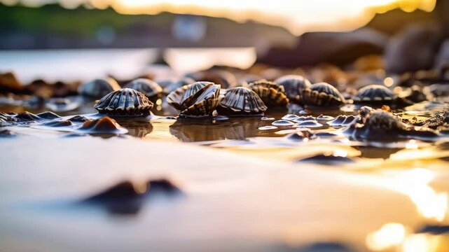 Low angle view of limpet shells gathering in shallow water at dusk, creating striking reflections.