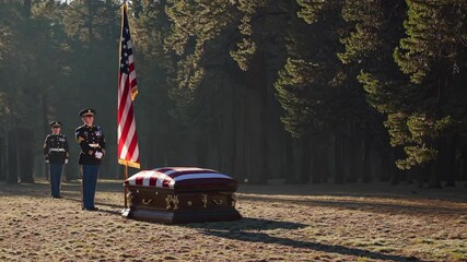 Solemn flag ceremony at military funeral with casket - Powered by Adobe
