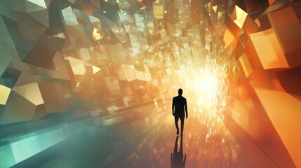Silhouette of a person walking into a bright abstract tunnel or corridor.