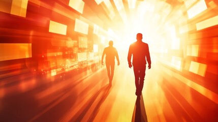 Two figures walk toward bright light in a corridor or tunnel.