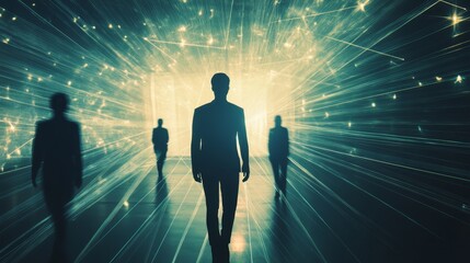 Silhouetted figures walk towards a bright light portal in a futuristic setting.