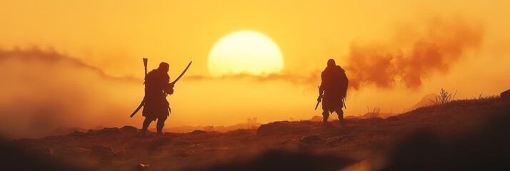 Two figures silhouetted against a bright sunset or sunrise landscape.