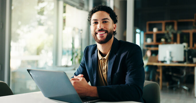 Fototapeta Portrait, business and man with smile, laptop and research for article, planning and online schedule. Face, happy person and journalist in workplace, computer and editor with network and proofreading