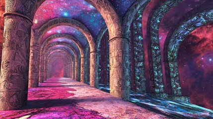 A magnificent, cosmic corridor with ancient, glowing architecture.